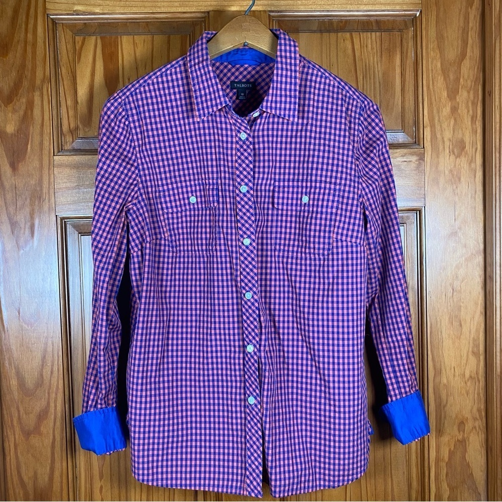 Talbots 100% Cotton Casual Button Down Shirt in Orange and Blue Checkered Style